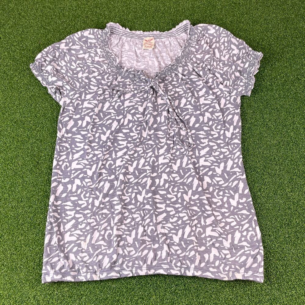 Faded Glory Gray Abstract Print Peasant Blouse Tie Front Short Sleeve Womens M